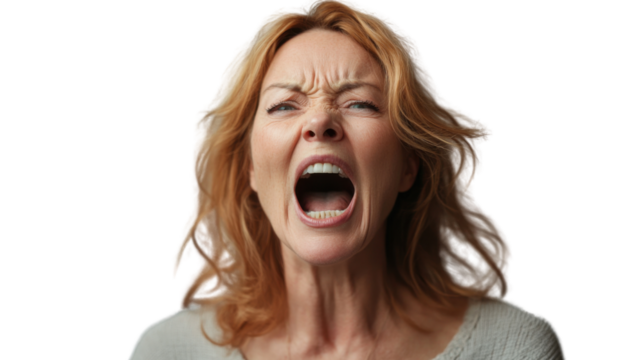 Furious middle aged woman shouting with transparent background
