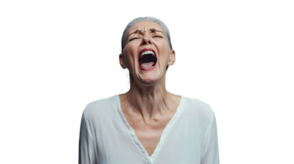 Angry senior woman shouting with transparent background