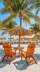 Fototapeta premium Tropical beach chairs and umbrella on white sand
