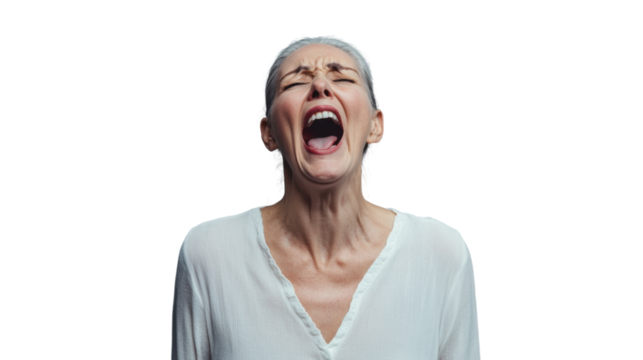 Angry senior woman shouting with transparent background