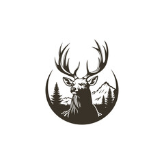 Deer with Big Antlers in Mountain Logo Template © jongjawi