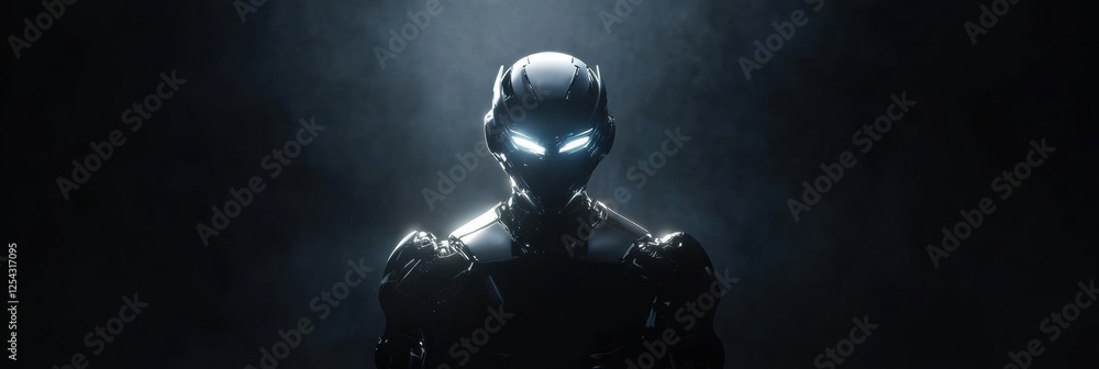 Aufkleber glowing humanoid robot stands in minimalist dark environment with focused lighting for a futuristic 