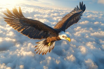 Eagle soaring high in a blue sky with sunlight shining through clouds, symbolizing freedom and power.