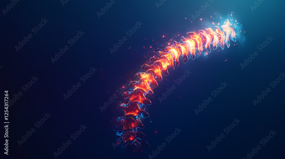 Poster 3d render of a spine in red and blue on a dark background