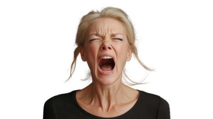 Angry blonde woman shouting with transparent background