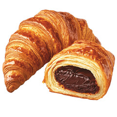 A perfectly baked croissant with a golden, flaky crust, sliced open to reveal a rich chocolate filling, transparent background, PNG