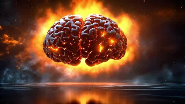 A fiery explosion surrounding a stylized brain, symbolizing creativity or intense thought processes.