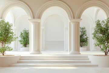 Fototapeta premium Minimal concept with three white arches on beige background for presentation design mockups. Studio shot with ample copy space in the middle.