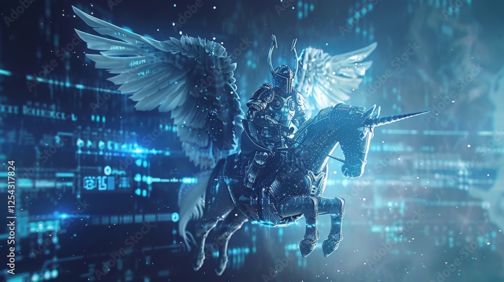 Poster a valkyrie warrior riding on a winged horse representing the protection and security of blockchain n