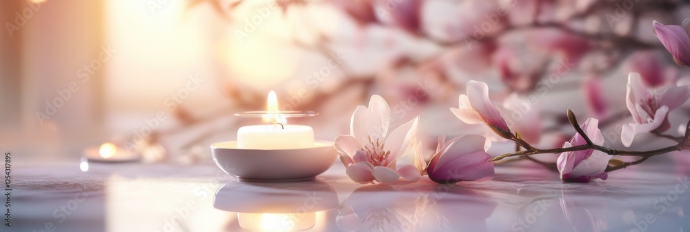 Poster elegant festive dining table setting with glowing candles and fresh flowers. generative ai