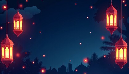 Obraz premium Ramadan and Eid Al Fitr banner,card,poster, Modern Neon Ramadan Lantern with copy space.