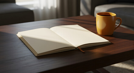 Naklejka premium Open Notebook and Coffee Cup on Wooden Table in Sunlight