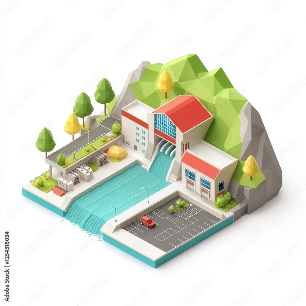 Poster a colorful, stylized model of a building by a river, surrounded by trees and a parking area, showcas