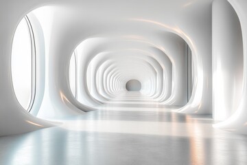 Naklejka premium Futuristic circular stage on abstract white background for avant-garde product presentation.