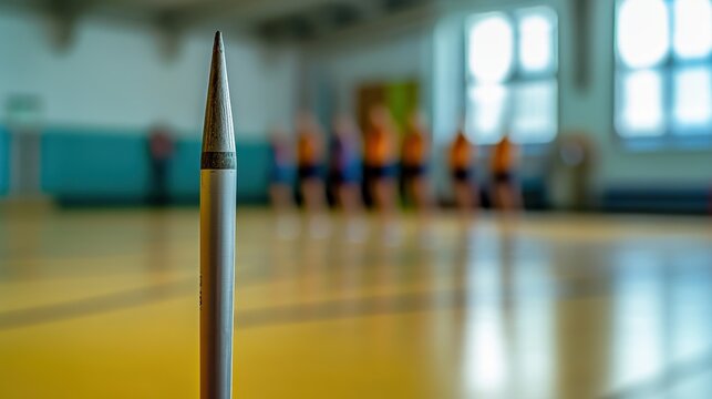 A javelin stands prominently in focus as athletes prepare for their event in the background - Powered by Adobe