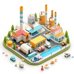 Obraz premium A colorful industrial scene featuring factories, machinery, vehicles, and greenery, showcasing a miniature production environment.