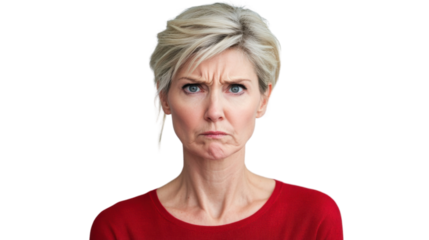 Serious mature woman with frowning expression on transparent background