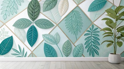 Serene teal and green botanical wall mural with embossed leaves in a geometric pattern, ideal for a tranquil home environment
