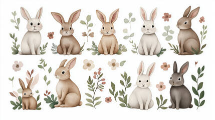 Naklejka premium Charming Bunny Collection: A delightful collection of watercolor bunnies, each with its unique charm and personality, nestled amongst delicate floral accents and lush greenery.