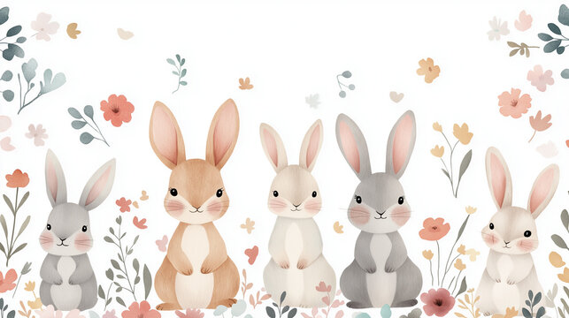 Adorable Bunny Family: Five charming bunnies in soft pastel colors sit amidst a delicate arrangement of flowers and foliage, creating a heartwarming springtime scene. 