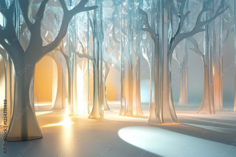 Leinwandbilder glowing reflections in a glass forest with abstract tree shapes illuminated by soft light. generativ