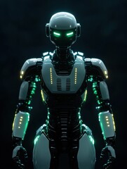 Fototapeta premium Humanoid robot with glowing features stands confidently in a dark environment. Generative AI