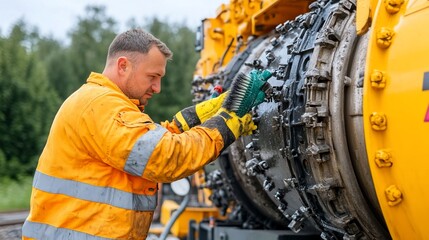 Worker cleaning industrial equipment outdoors