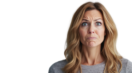 Portrait of confused mature woman with transparent background showing puzzlement