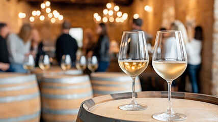 Elegant wine glasses on a wooden barrel at a winery event. Concept of fine dining, social gatherings, and wine culture.