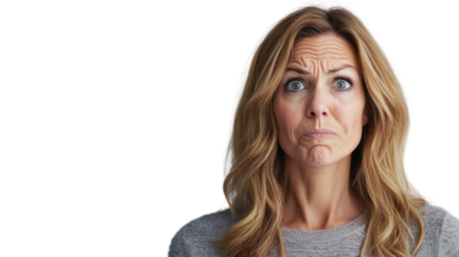 Portrait of confused mature woman with transparent background showing puzzlement