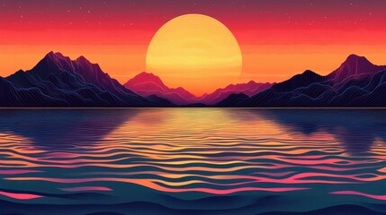 Sunset over calm lake, mountains silhouette, night sky