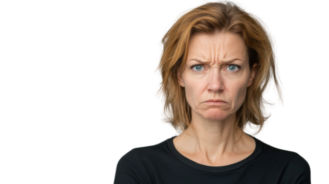 Serious adult woman frowning with transparent background