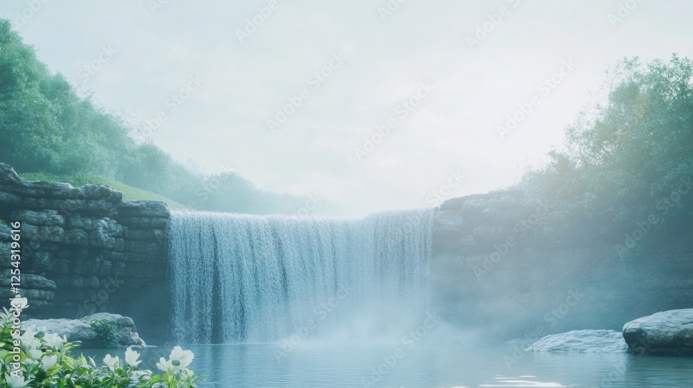 Poster cadence of water cascading over rock formations in a tranquil outdoor setting during early morning l
