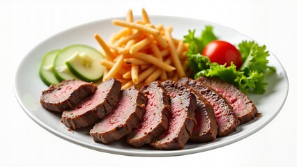 Sliced Steak with French Fries and Salad on a White Plate