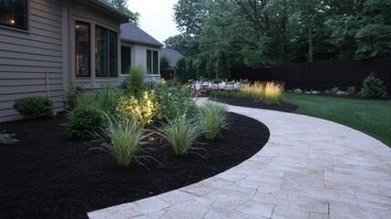 Obraz premium Evening backyard party; curved stone path, landscaping