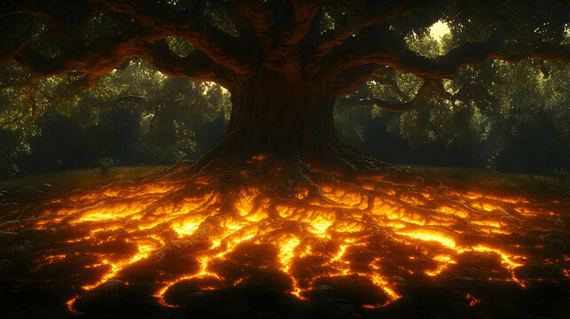 Glowing Roots Of A Massive Tree In Magical Forest