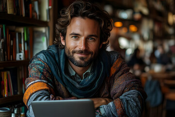 Smiling Man Working On Laptop In Cozy Cafe