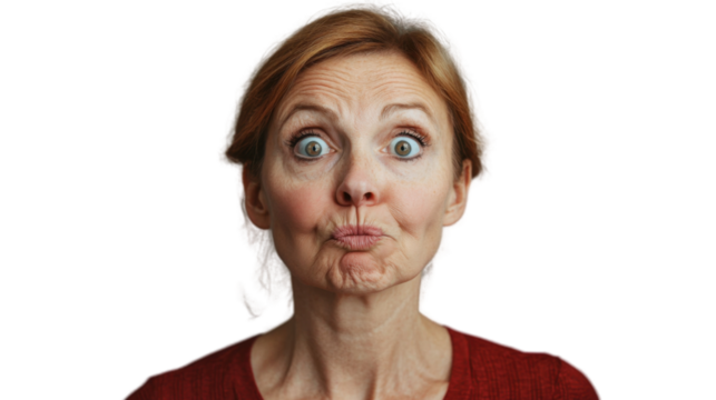 Portrait of surprised middle aged woman making funny face on transparent background