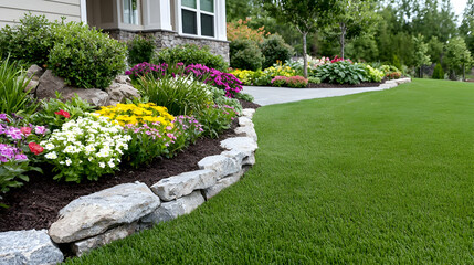 Lush flowerbeds border a manicured lawn, showcasing a home's landscaping