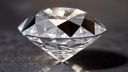 Brilliant-cut diamond gemstone on dark surface, showcasing facets and brilliance.