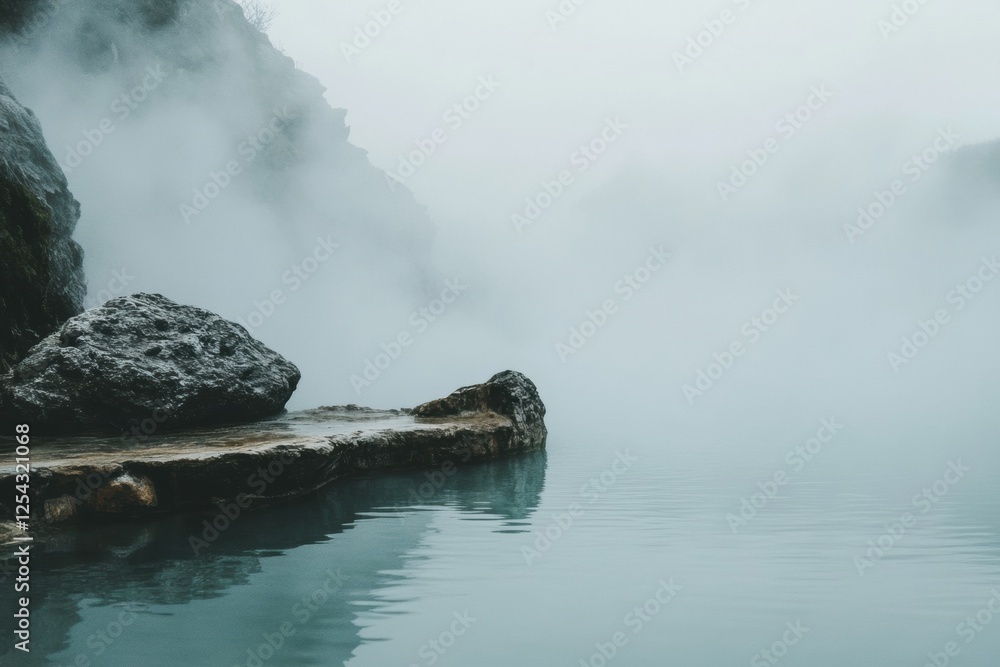 Aufkleber serene hot spring surrounded by rocky edges and rising steam in a tranquil environment at dusk. gene