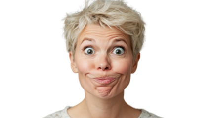 Blonde woman making funny face on transparent background