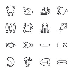 A set of food icons including a crab, octopus, and fish