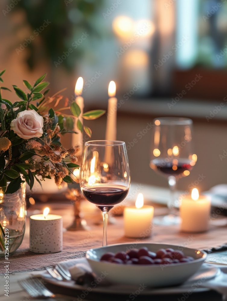 Poster elegant festive dining table beautifully set with candles and fresh flowers, perfect for creating a 