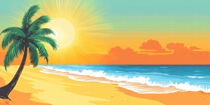 Vibrant Sunset Beach Scene with Palm Tree and Calm Ocean Waves