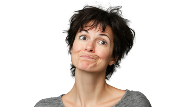 Brunette woman making funny face with transparent background