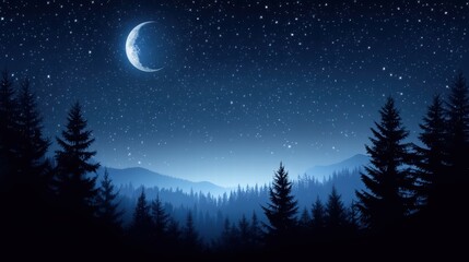 Serene Night Sky with Moon Over Tranquil Pine Forest Landscape