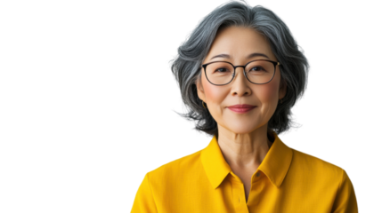 Smiling senior asian woman wearing glasses on transparent background