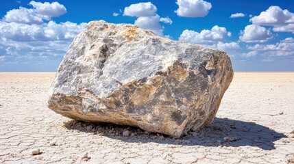 Large Rock on Dry Salt Flat Under Bright Blue Sky with Clouds