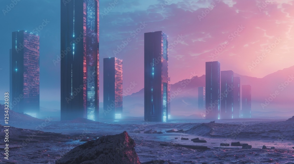 Poster a barren landscape tered with towering monoliths of crypto mining rigs each one pulsing with digital